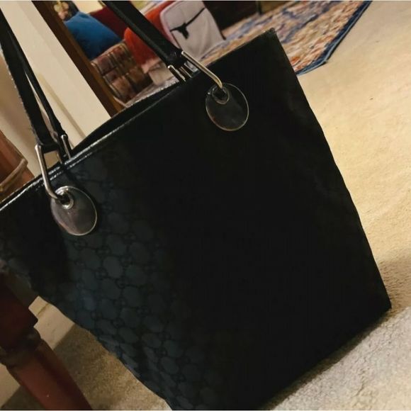 GUCCI  BLACK  ECLIPSE  Monogram  Fabric & LEATHER Tote Bag Carryall  Large - Picture 12 of 12